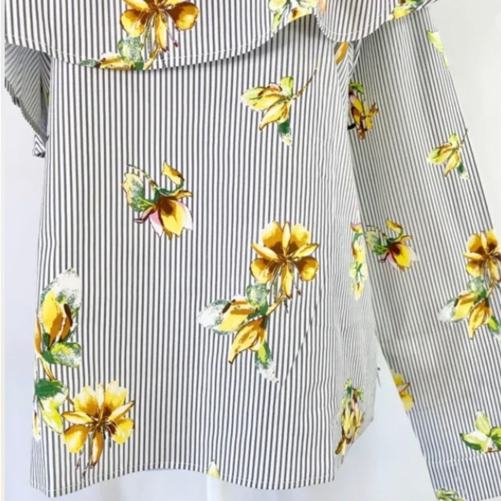 Lumière Floral Striped One Shoulder Long Sleeve Shirt Grey Multi Size S - Picture 5 of 10
